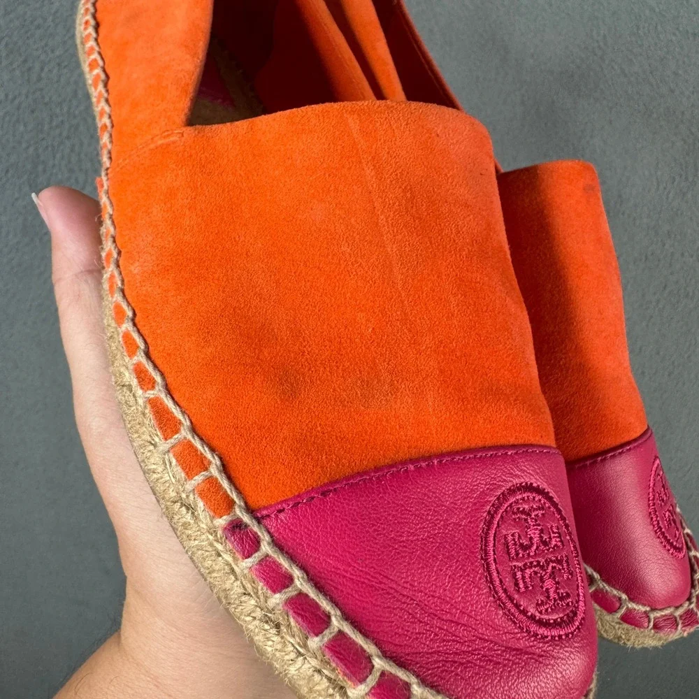 Tory Burch Colorblock Suede Leather Espadrilles Orange Pink Size 8.5 Flat Shoes